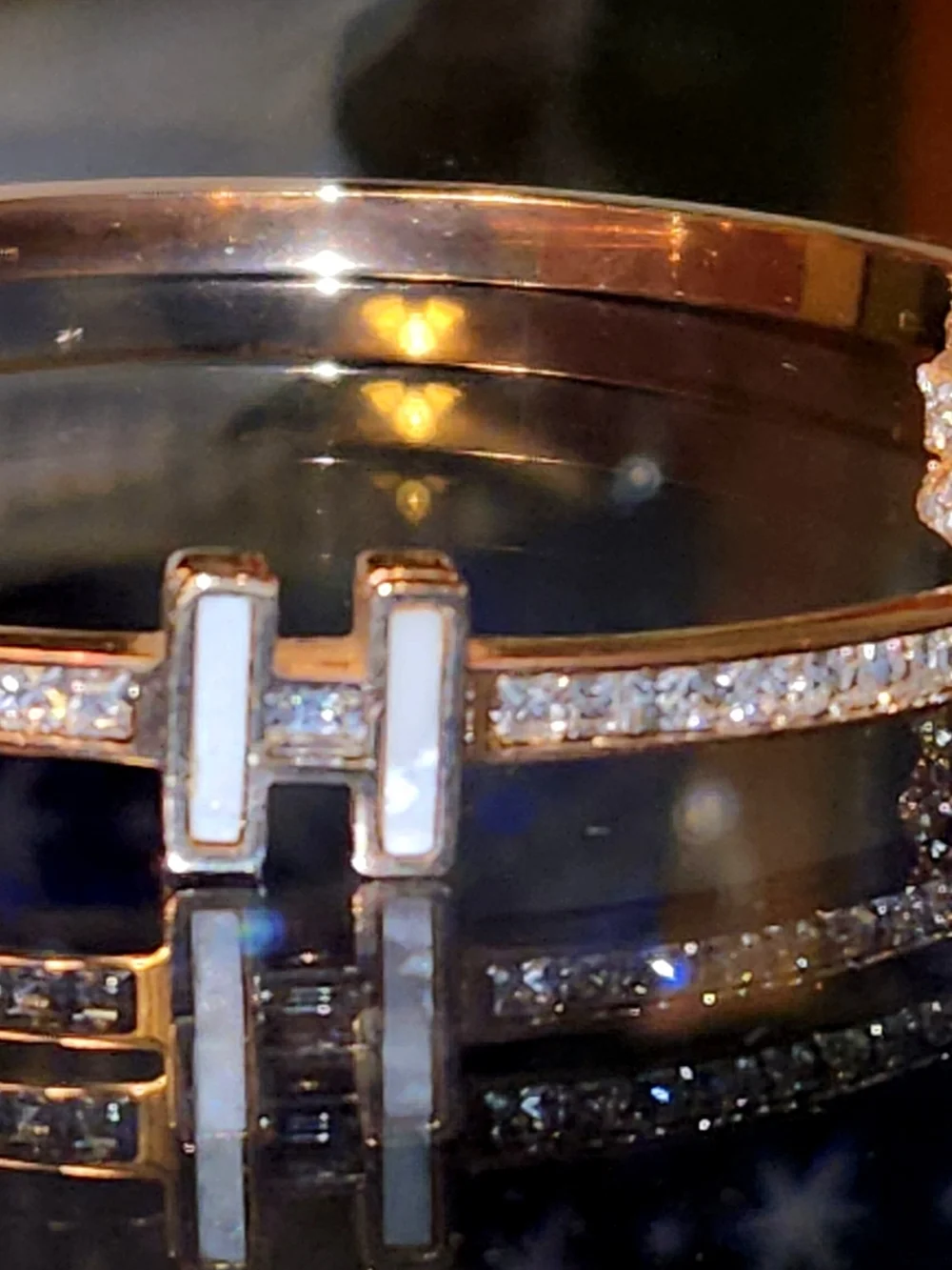 NEW 2pcs CZ Enamel H Initial Bangle Gold Plated Bracelet & CZ Ring WWhite Inlay - Picture 3 of 4